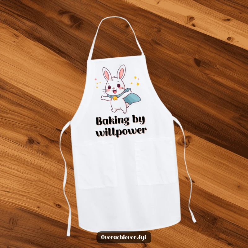 Funny happy rabbit character wearing a superhero cape, attempting to fly with sheer willpower, a humorous and practical kitchen apron.