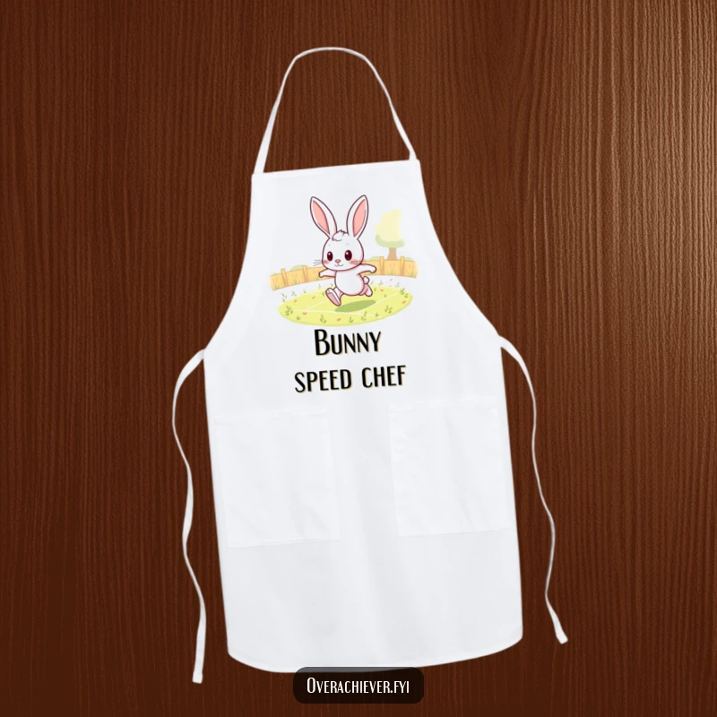 Funny rabbit apron featuring a determined character running laps, practical and humorous for active cooks.
