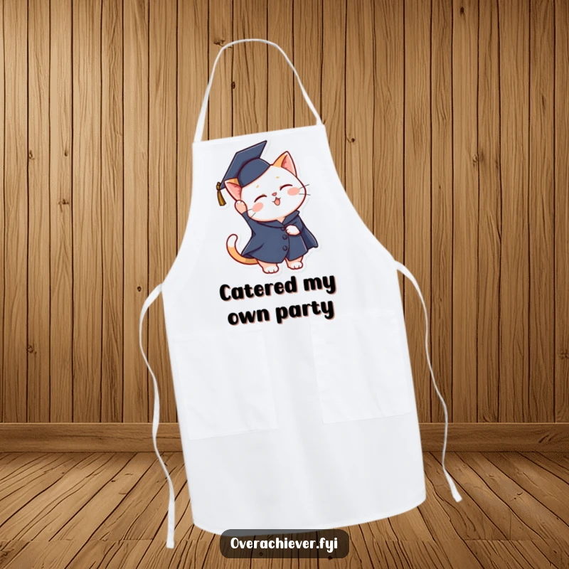 Funny graduation cat apron showing a celebratory cat in a cap and gown, ready to toss it during a fun cooking session.