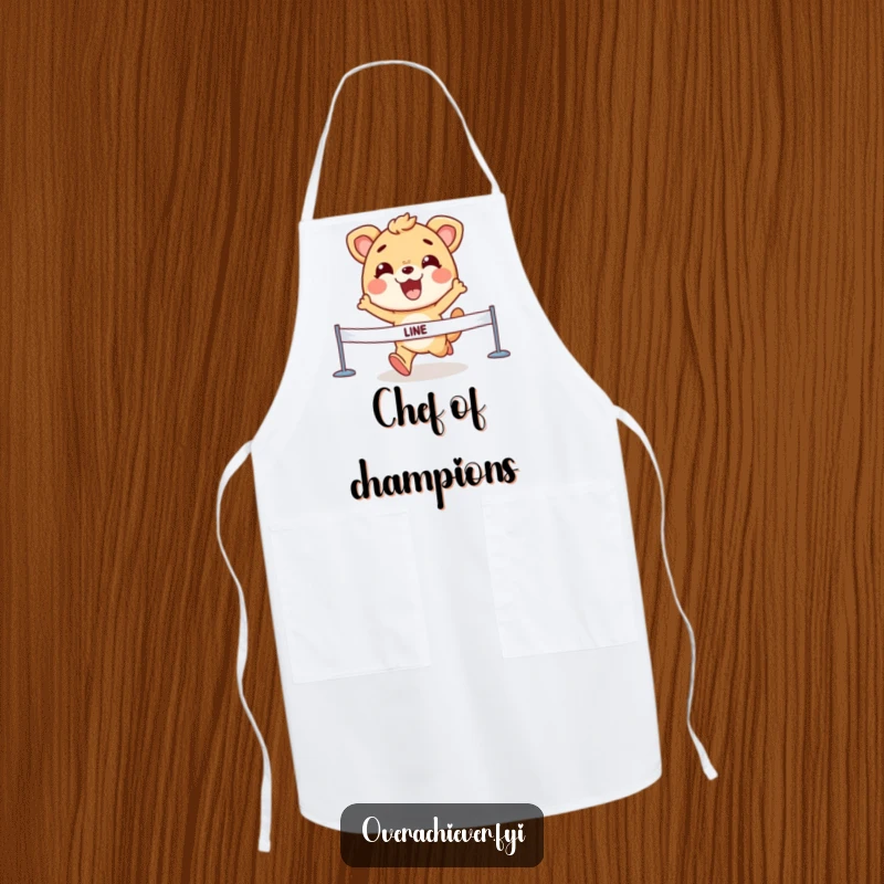 Funny Apron showing an animal character crossing a finish line with a determined grin, perfect for kitchen champions.