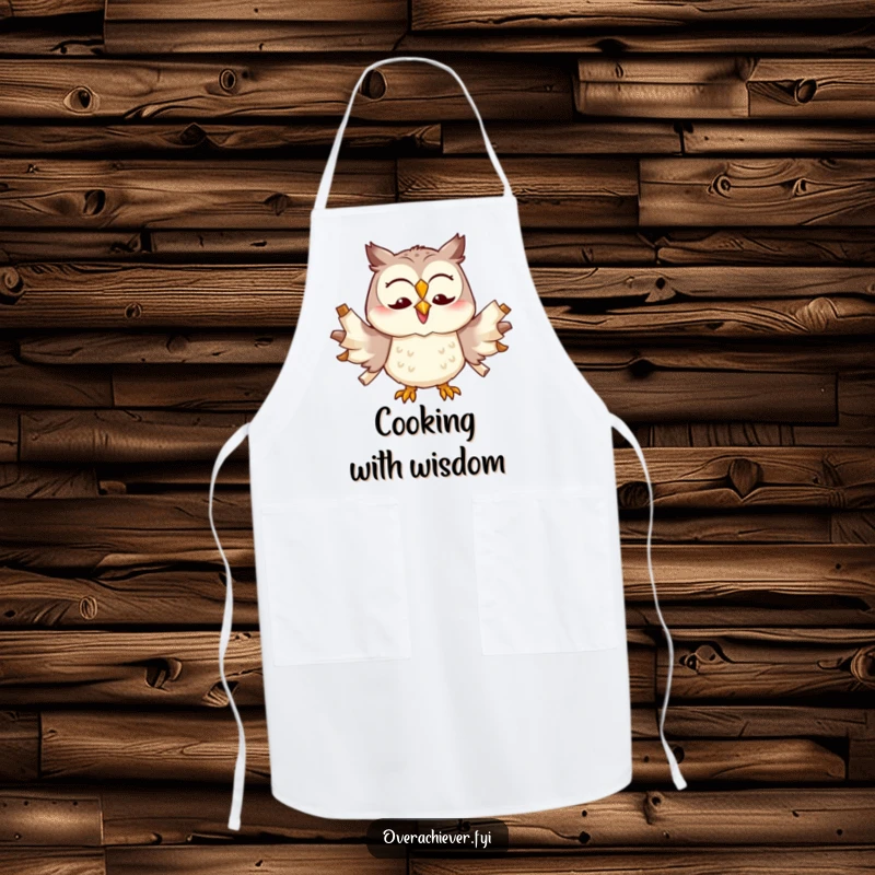 Funny cheerful owl character trying to multitask with too many scrolls unfurled, a humorous and practical kitchen apron.