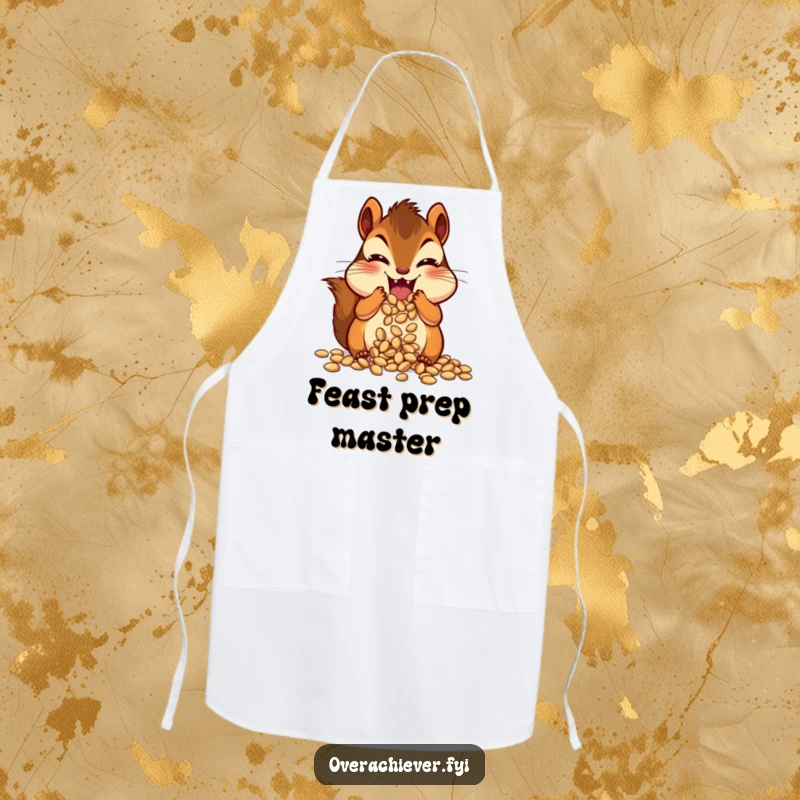 Funny chipmunk character gleefully stuffing its cheeks with a mountain of seeds, a humorous kitchen apron.