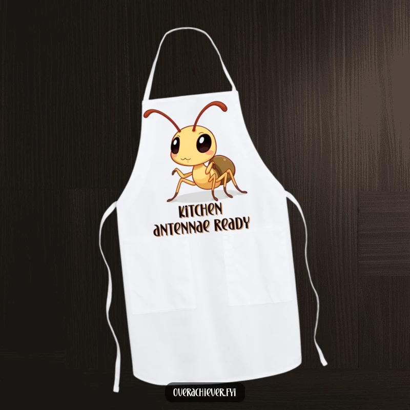 Funny Ant Apron: A diligent ant polishing its antennae to a high sheen, bringing humorous diligence to the kitchen.