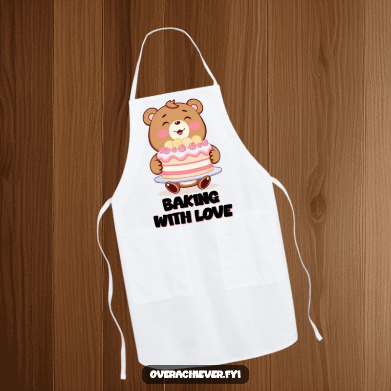 Funny bear baker apron showing a beaming bear presenting a large, perfect cake while cooking.