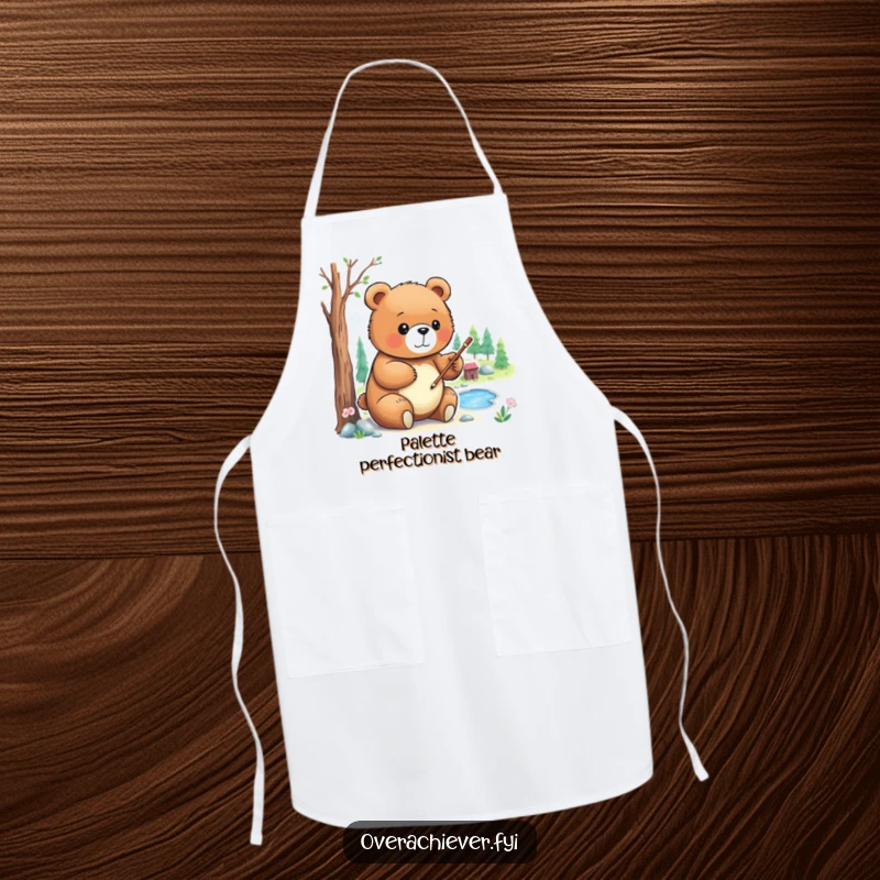Funny Apron: A focused bear character carefully painting a detailed miniature landscape, artistic and practical.