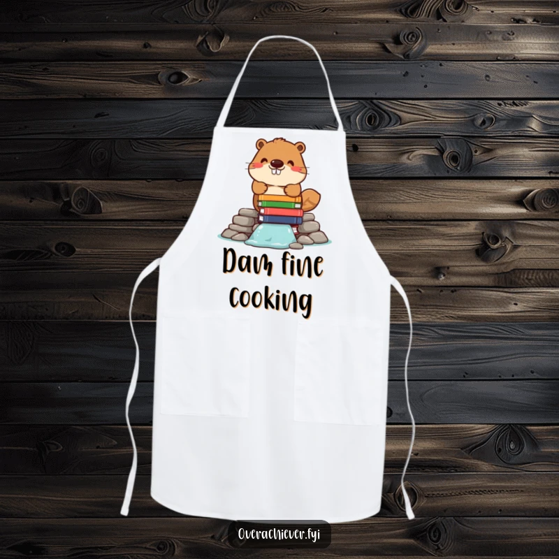 Funny apron showing a cheerful beaver character building a dam out of stacked books, ideal for a kitchen scholar with a sense of humor.
