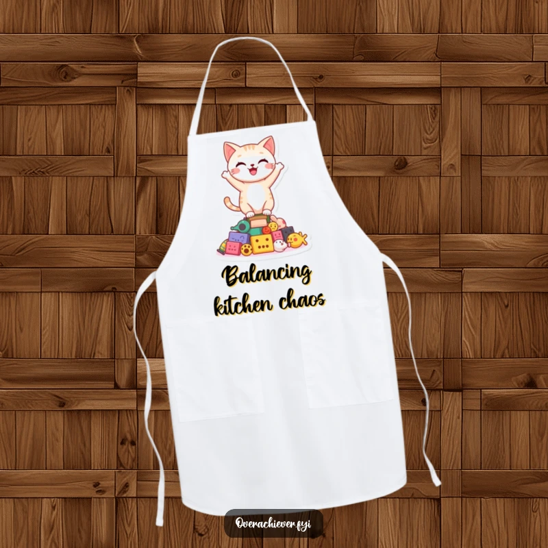Funny happy cat character proudly balancing on a precarious stack of toys on a durable kitchen apron, making cooking a fun challenge.