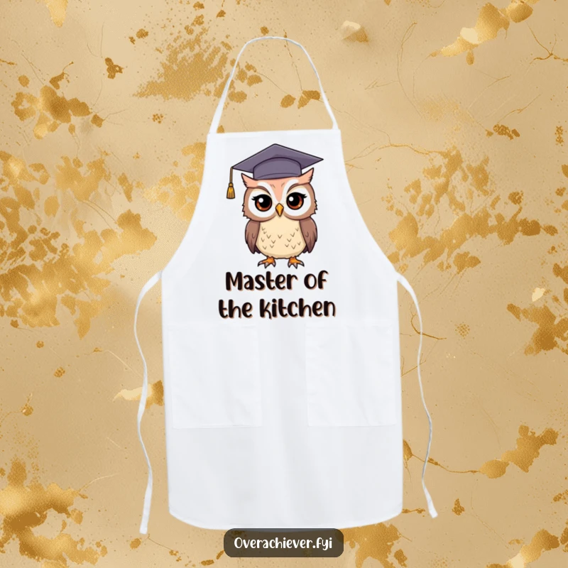Funny graduation owl apron designed for kitchen wizards, featuring a determined owl in an oversized graduation cap.