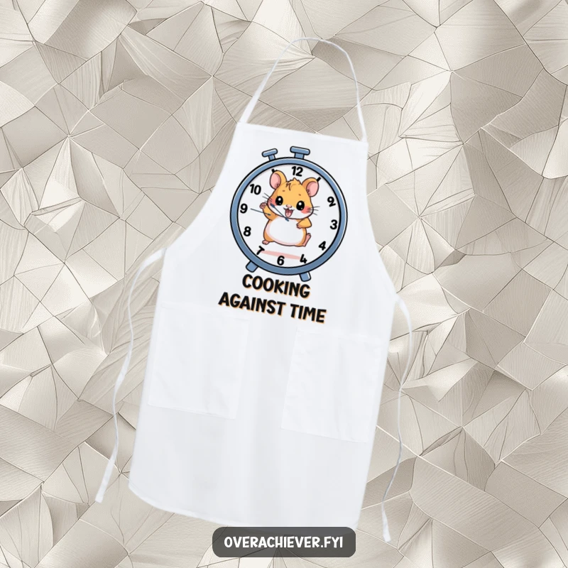 Funny apron with a determined hamster character running on a wheel that also functions as a clock, perfect for productive kitchen tasks.