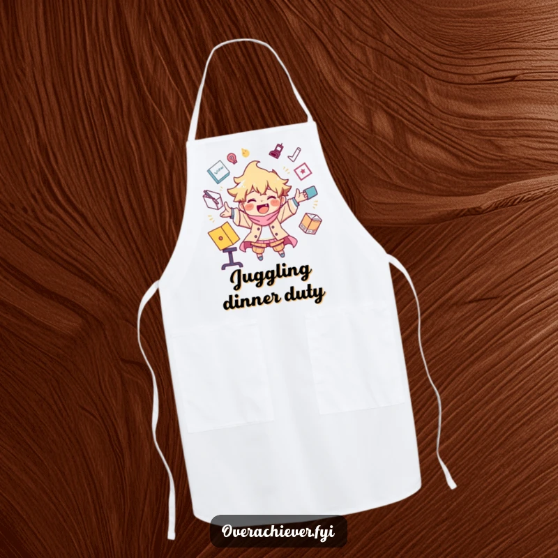 Funny apron featuring a character joyfully juggling numerous kitchen tasks, perfect for a busy, talented cook.