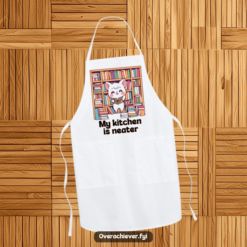 Funny animal apron, enthusiastically organizing a messy bookshelf, designed for kitchen tasks and bringing humorous order. A practical gift.