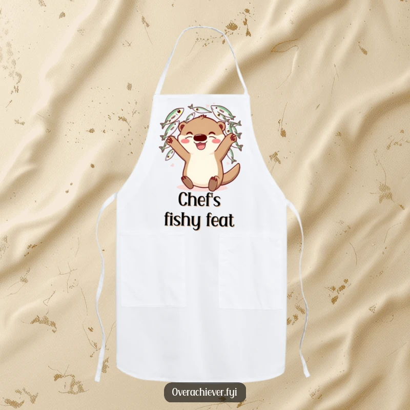 Funny Apron: A playful otter character juggling a large amount of fish with a grin, ready for kitchen fun.