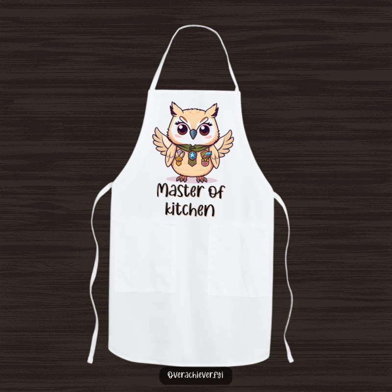 Funny apron with a diligent owl character proudly wearing numerous badges of honor, perfect for skilled kitchen tasks.