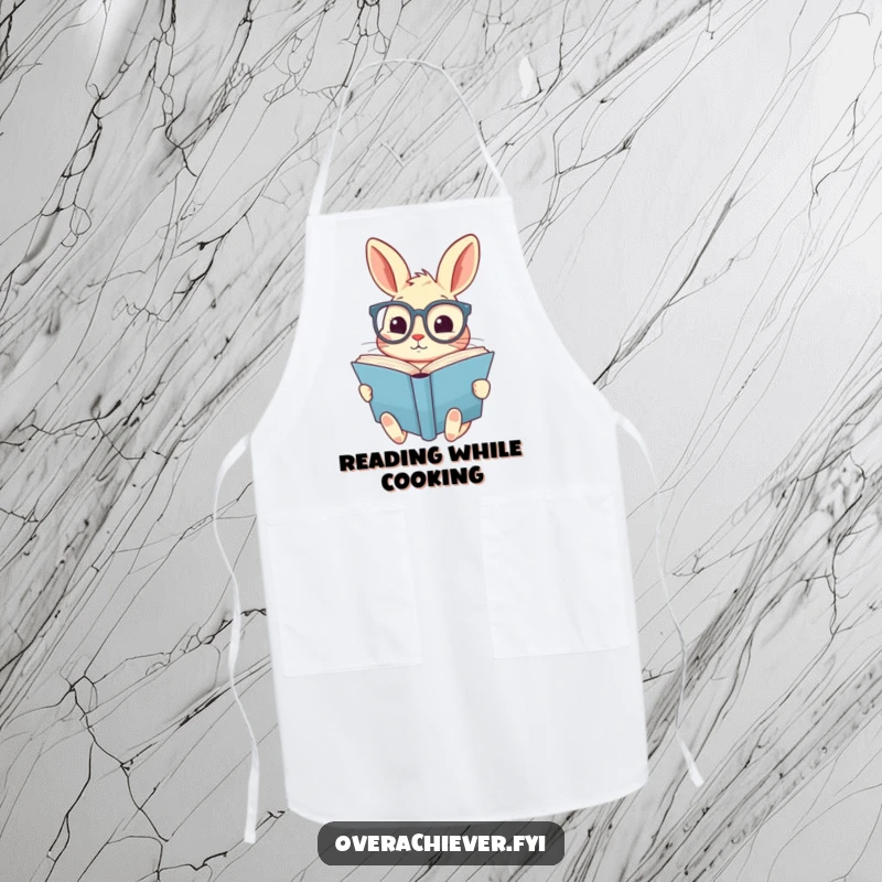 Funny apron with a cute rabbit wearing oversized spectacles, diligently reading a giant book, adding literary charm to the kitchen.