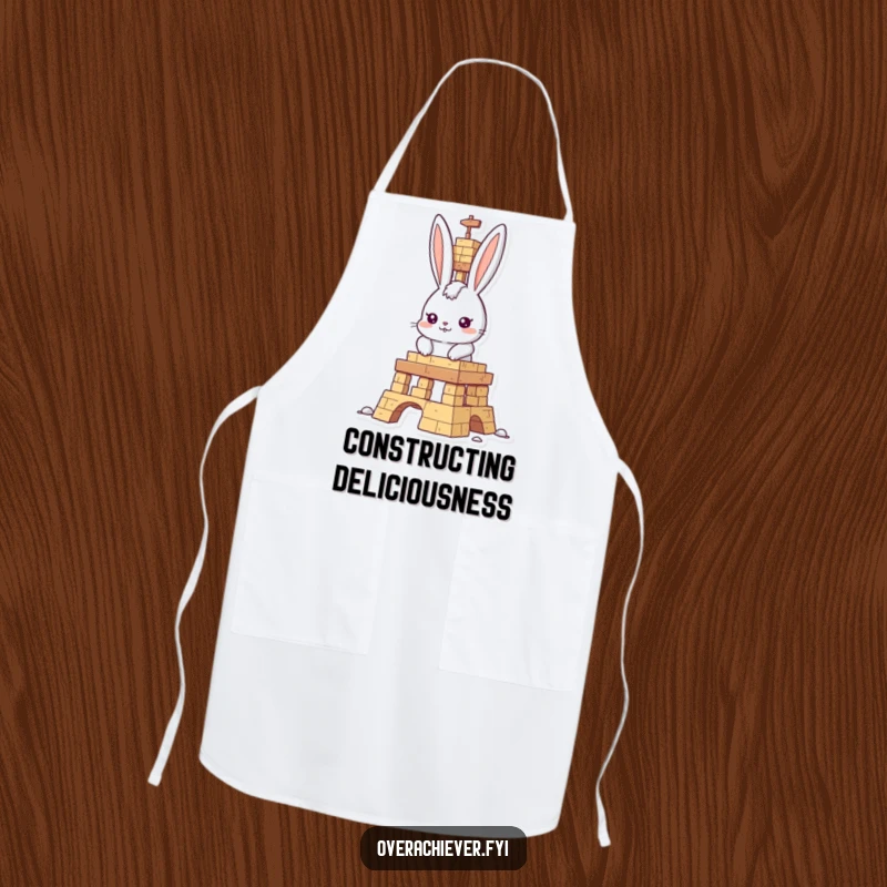 Funny rabbit builder apron, determined rabbit character focused on construction, suitable for kitchen fun and humor.
