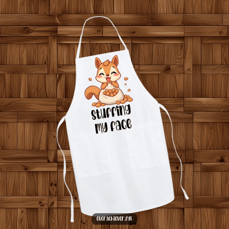 Funny apron with a cheerful squirrel frantically stuffing nuts into an overflowing pouch, a humorous and practical kitchen accessory.