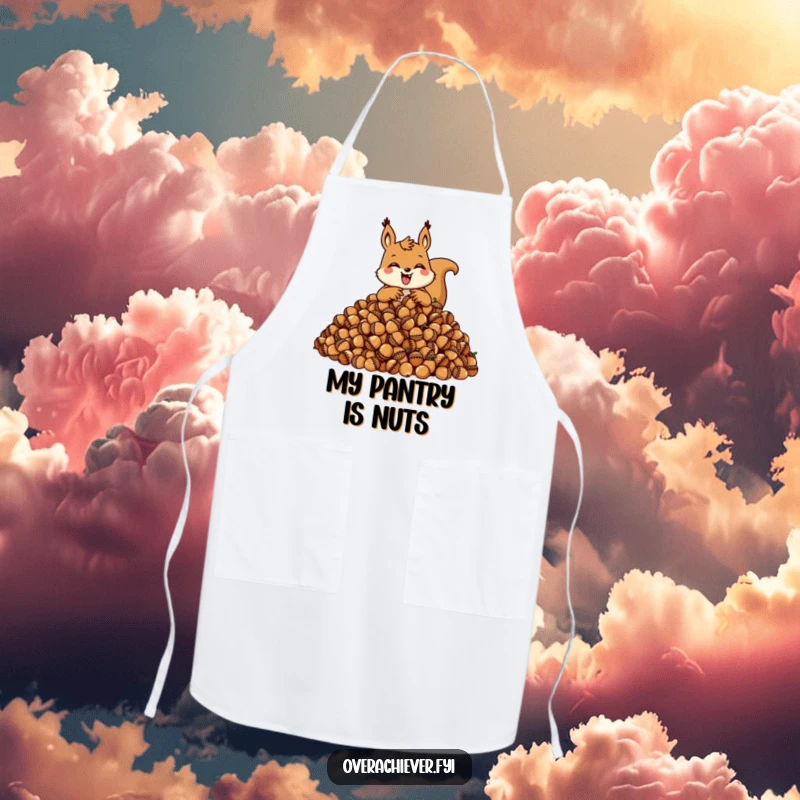 Funny squirrel apron featuring a happy character hoarding acorns, practical and humorous kitchen wear.