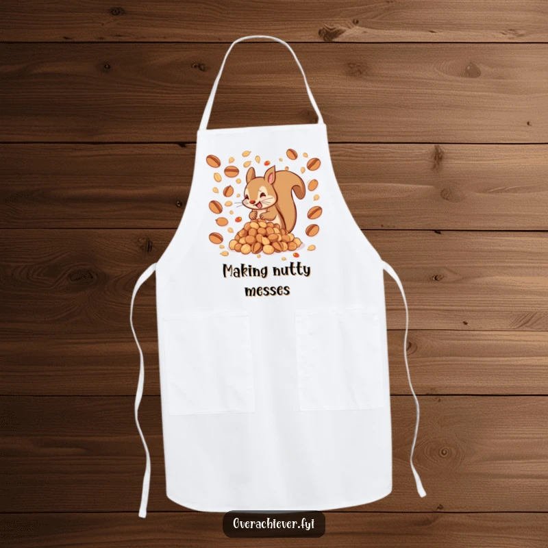 Funny apron with a hyperactive squirrel attempting to assemble an impossibly large pile of nuts, perfect for kitchen humor and a great funny gift.