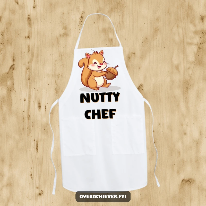 Funny squirrel apron illustrating a cheerful squirrel attempting to parallel park a tiny acorn, perfect for kitchen antics.