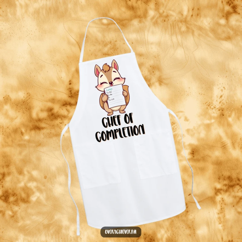 Funny squirrel task master apron showing a winking squirrel holding a stack of completed to-do lists while cooking.