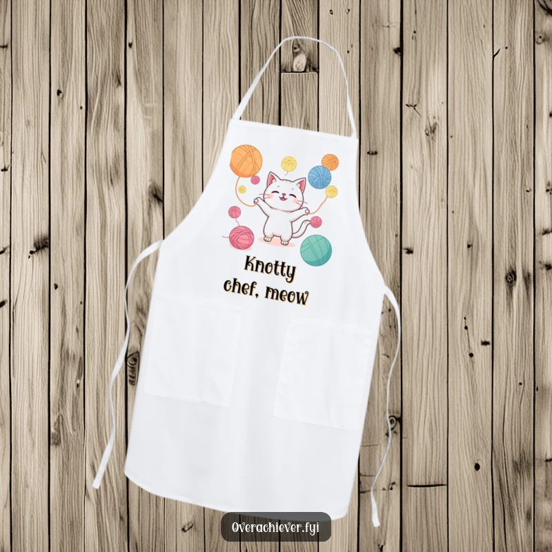 Funny apron showing a Kawaii cat hilariously juggling an excessive amount of yarn balls, protecting crafters with cute style.
