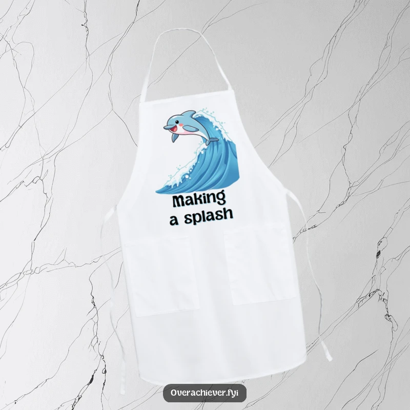 Funny apron showing a dolphin character joyfully leaping over a giant, sparkling wave, bringing ocean adventure to the kitchen.
