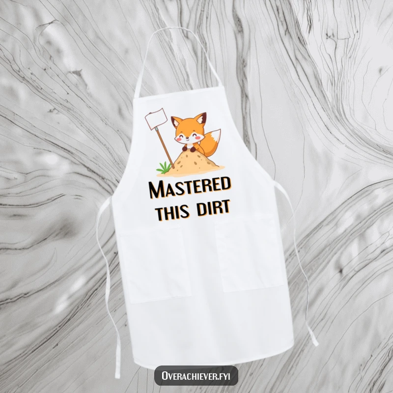 Funny fox character planting a large flag in a small dirt mound, on a chef's apron, promoting a humorous and funny gift.