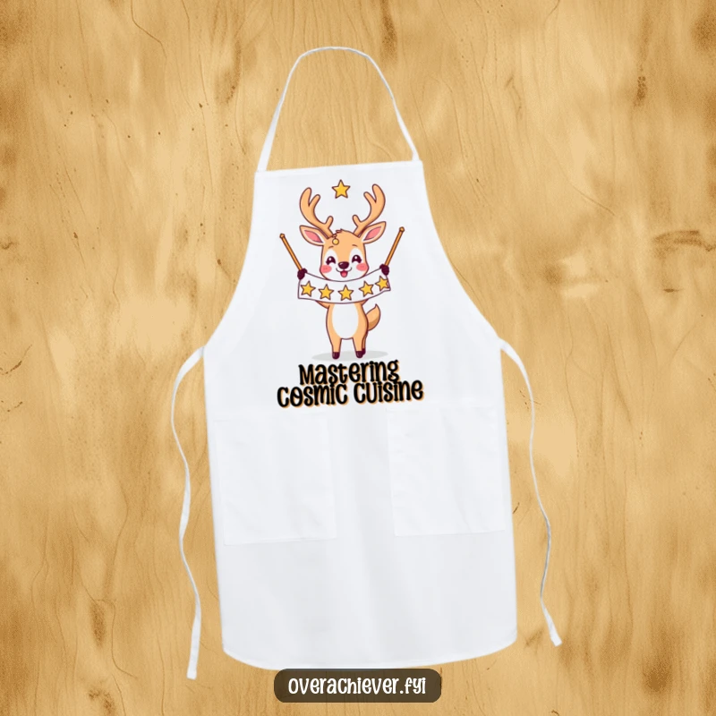 Funny apron for cooking: A triumphant deer character holds a banner adorned with many stars, bringing humorous celebration to meal prep.