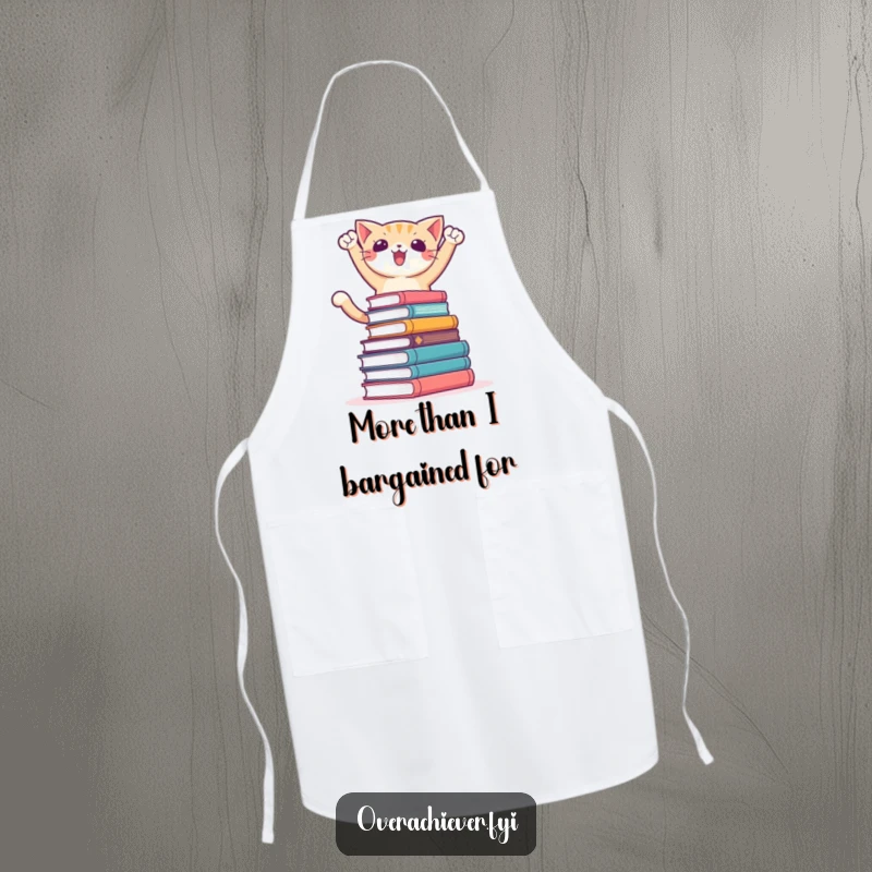 Funny apron showing a triumphant cat character standing on a stack of cookbooks, ready to conquer culinary challenges with humor.