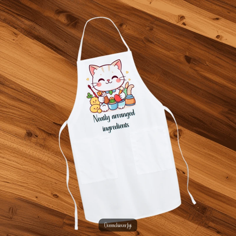Funny Apron: A proud cat with a smirk directs its organized kitchen, making it a humorous cooking accessory.