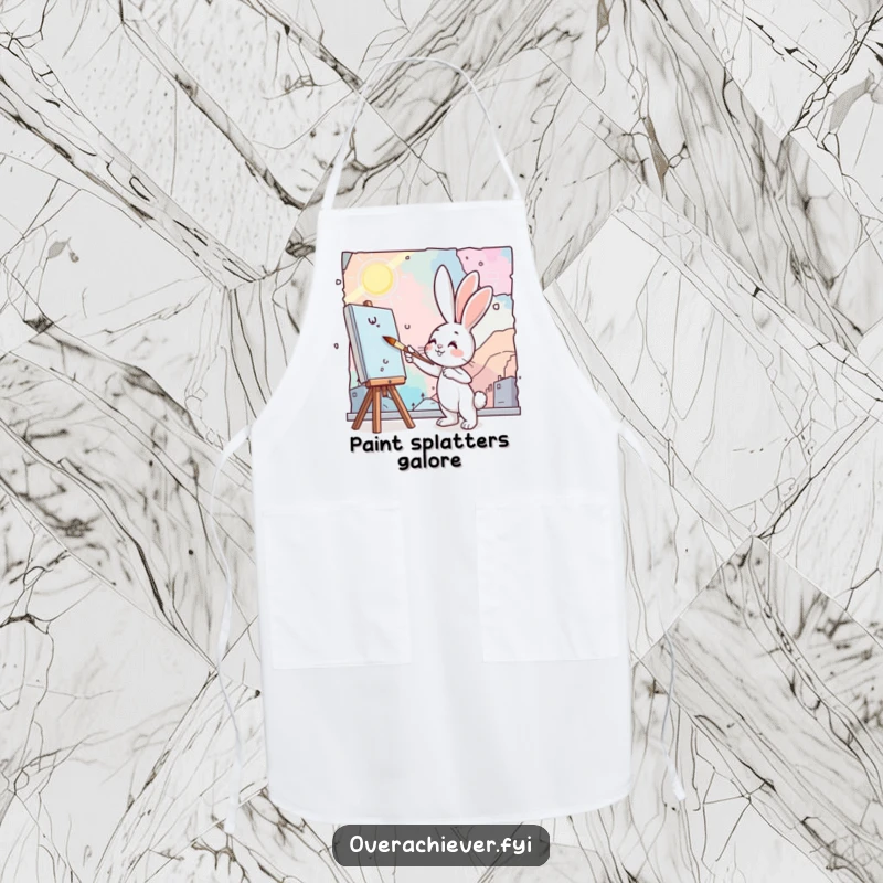 Funny bunny painting apron showing a cute bunny artist enthusiastically applying paint to a large mural with a tiny brush.