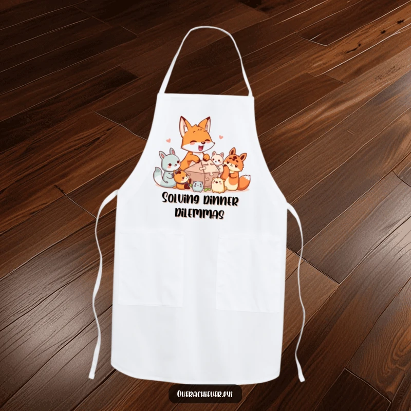Funny apron for cooking: An excited fox character assists smaller creatures with a complex puzzle, making meal prep a collaborative, humorous task.