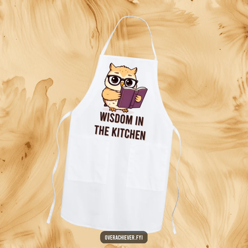 Funny apron for cooking: A cute owl wearing spectacles reads a thick book, adding humorous scholarly vibes to meal prep.