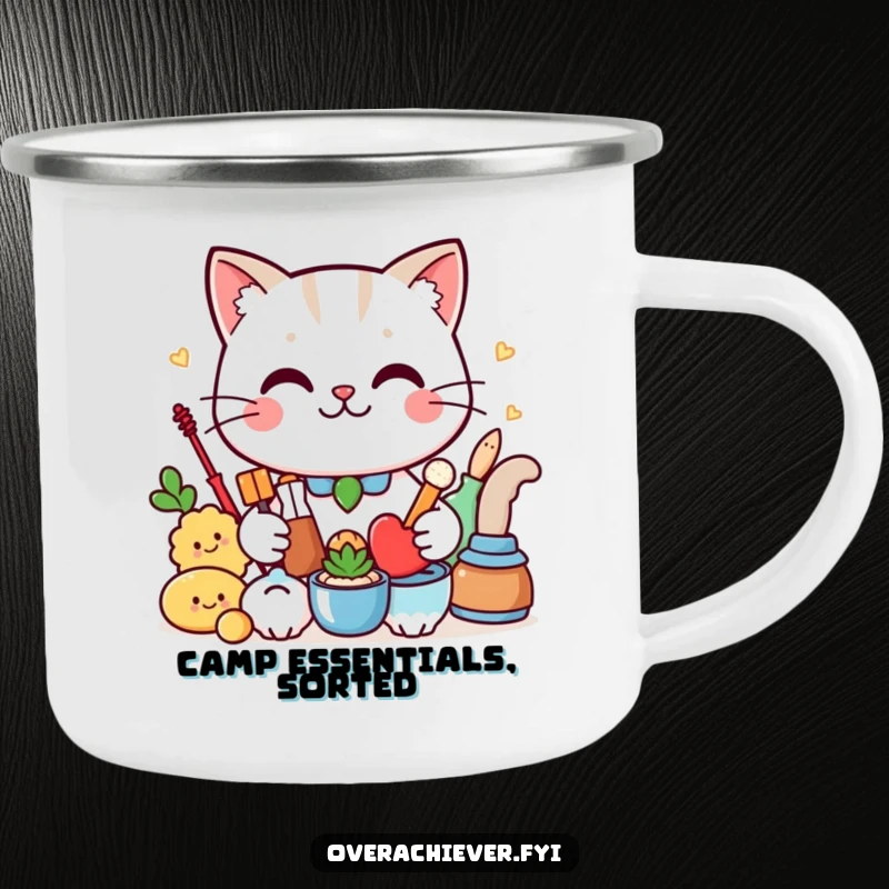 Funny Camping Mug: A proud cat with a smirk displays organized camping gear, ideal for humorous outdoor trips.