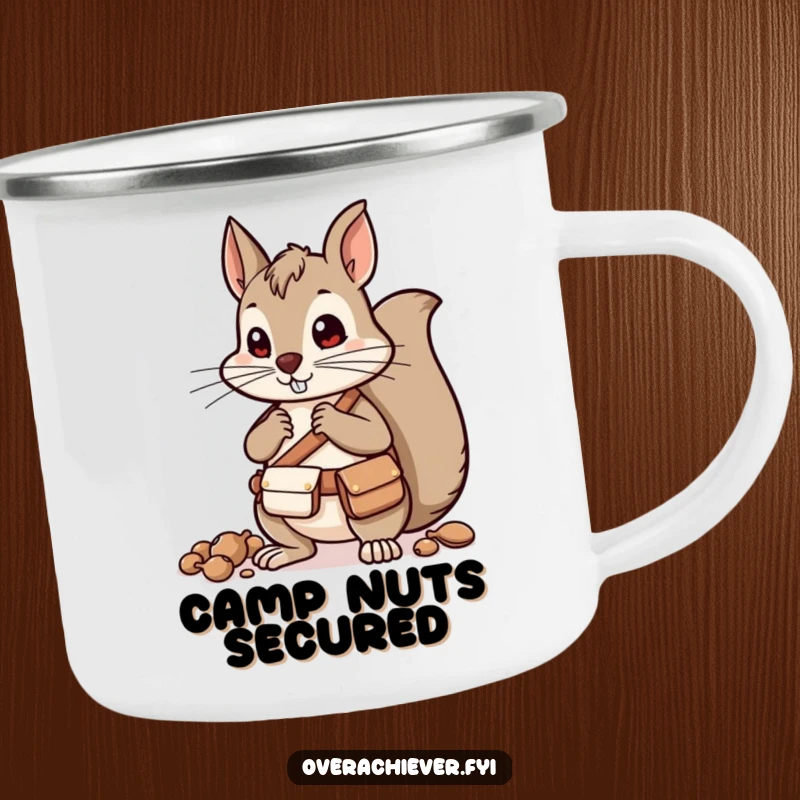Funny squirrel character with pouches sorting nuts, a durable mug for the prepared adventurer.