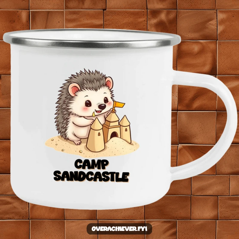 Funny Hedgehog Camping Mug: A playful hedgehog building a miniature sandcastle with precise detail, perfect for outdoor use with humor.