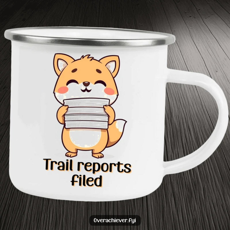 Funny Camping Mug with a determined animal character triumphantly holding completed papers, ideal for productive outdoor adventures.