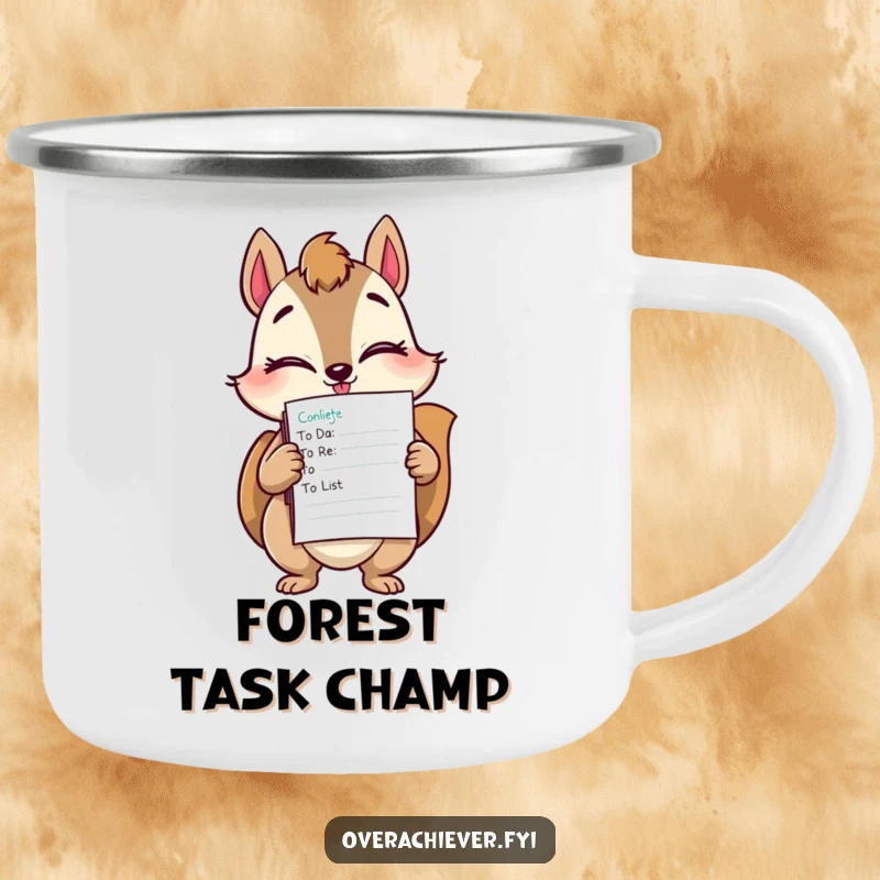 Funny squirrel task master camping mug showing a winking squirrel with completed to-do lists, ready for any task.