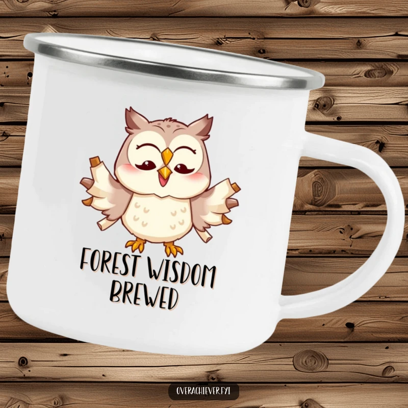 Funny cheerful owl character trying to multitask with too many scrolls unfurled, a durable and humorous camping mug.