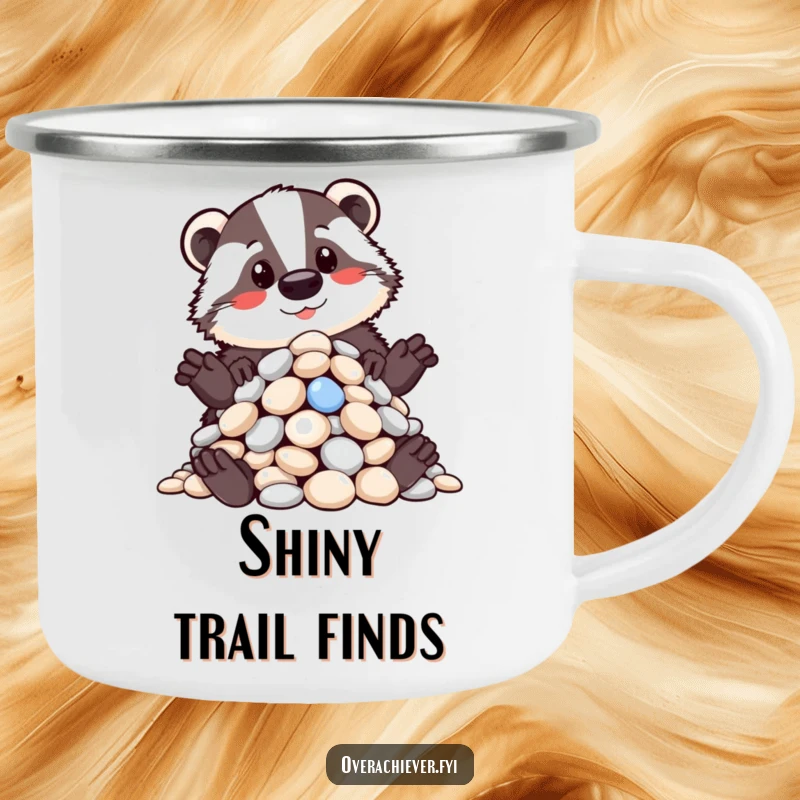 Funny camping mug featuring a proud badger with a meticulously organized pile of shiny pebbles, perfect for outdoor humor and a great funny gift.