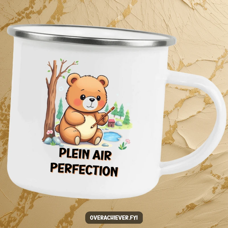 Funny Camping Mug: A focused bear character carefully painting a detailed miniature landscape in an outdoor setting.