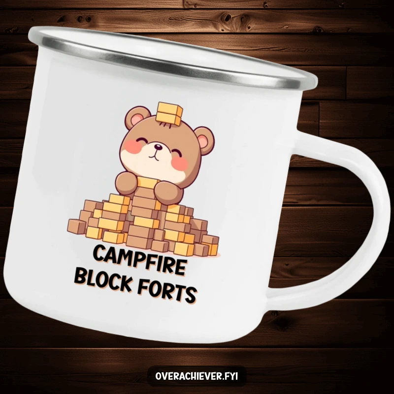 Funny camping mug with a focused bear gleefully stacking tiny blocks, a durable and humorous outdoor accessory.