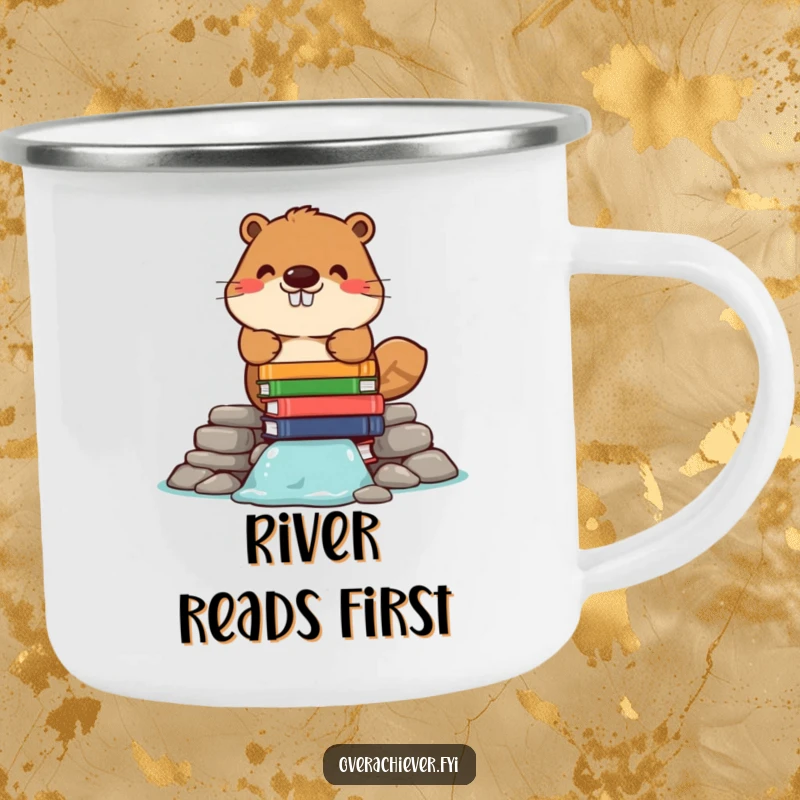 Funny camping mug featuring a cheerful beaver character building a dam of books, ready for intellectual discussions around the campfire.