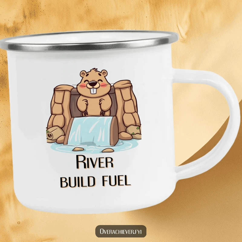 Funny camping mug with a cute beaver character proudly building a large dam during an outdoor adventure.