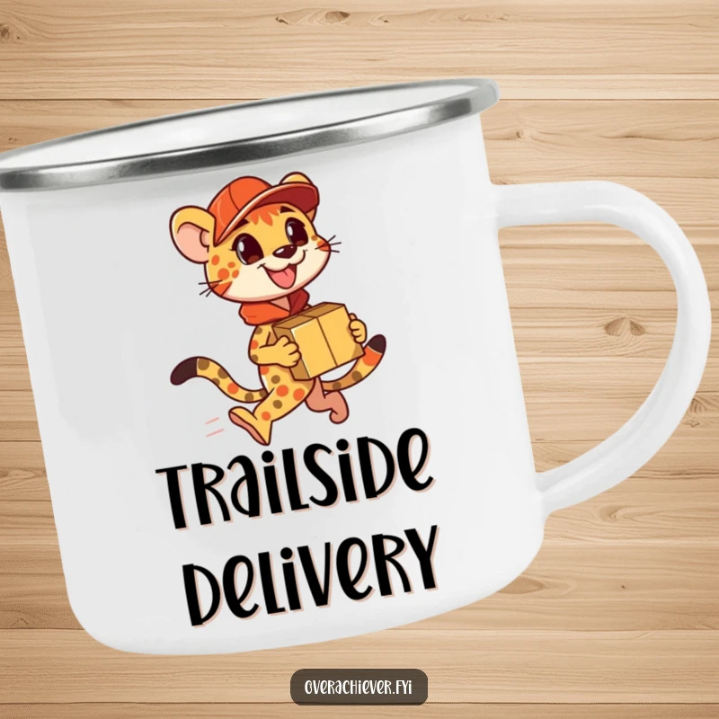 Funny Camping Mug: A speedy cheetah character delivering packages, perfect for quick outdoor breaks.