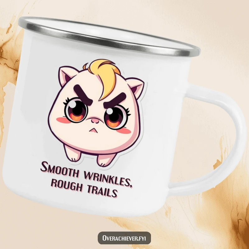 Funny camping mug featuring a character with determined eyes, ironing a tiny wrinkle, perfect for outdoor tidiness.