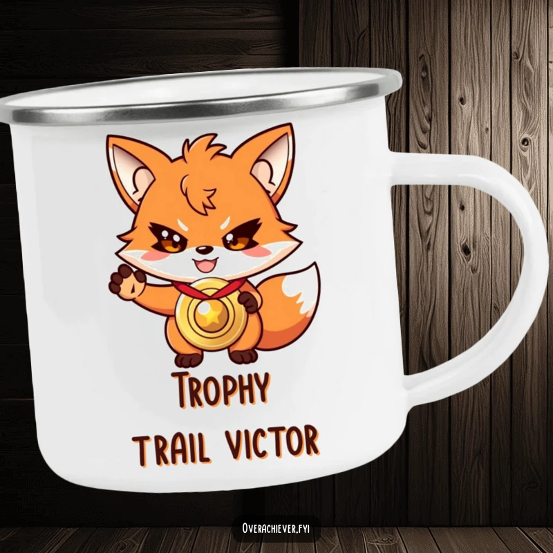 Funny driven fox camping mug, with a determined grin, presenting a shiny, oversized medal.