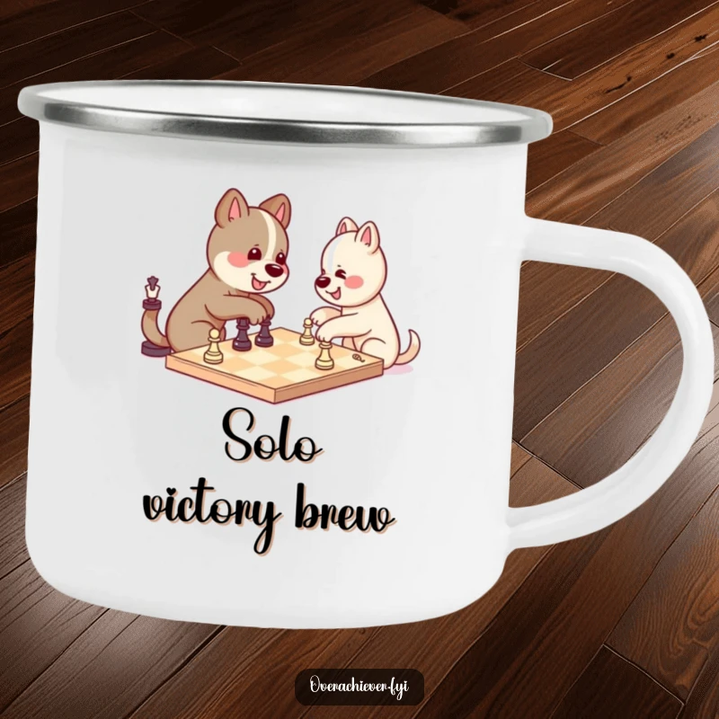 Funny kawaii dog character looking determined, playing chess against itself and winning, a rugged and humorous camping mug.