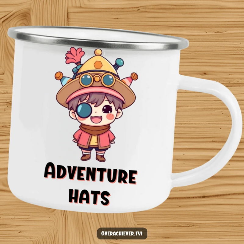 Funny multitasker camping mug with a proud character wearing multiple hats, perfect for outdoor tasks. Durable and humorous drinkware.