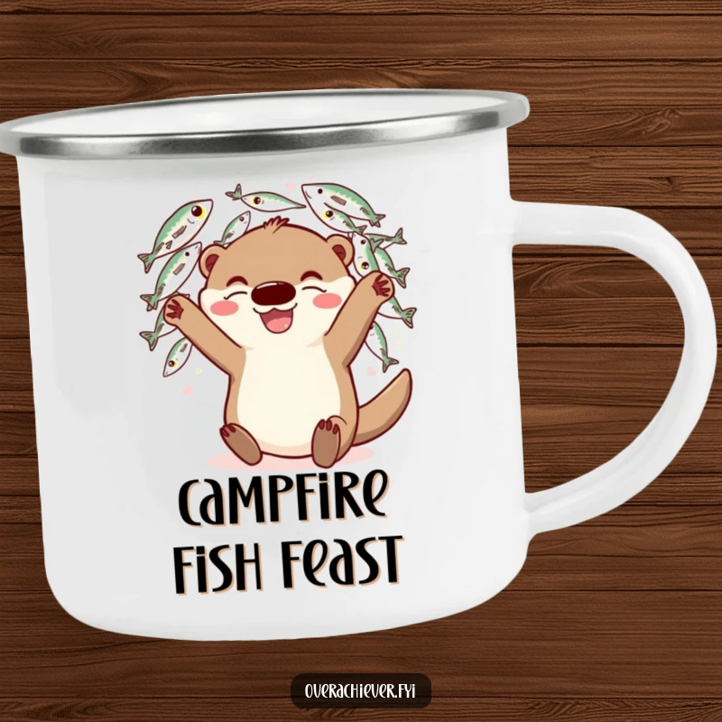 Funny Camping Mug: A playful otter character juggling fish with a grin, perfect for outdoor enjoyment.